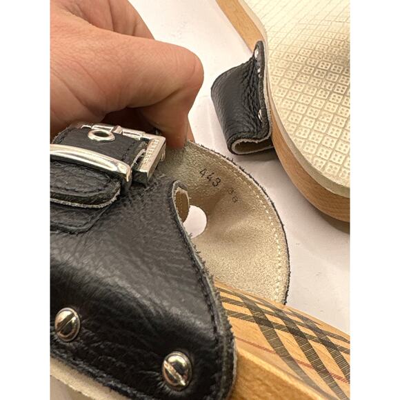 Burberry Leather Buckle Nova Check Clog Slides Womens Size 38 Brown Wooden Sole